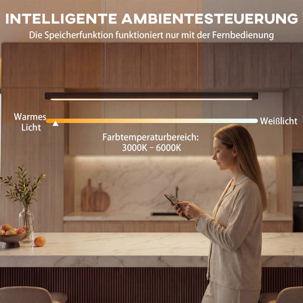 Schwarze LED-Pendelleuchte in einer modernen Küche mit Marmor, Farbtemperatur von 3000 bis 6000 Kelvin per Fernbedienung steuerbar.