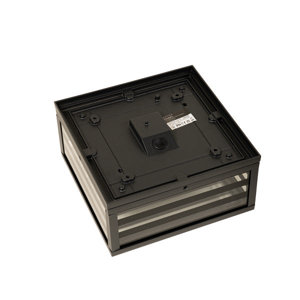 Quadratische Außen-Deckenleuchte Ansicht der Rückseite mit schwarzer Montageplatte und Schutzart IP 44 Kennzeichnung.