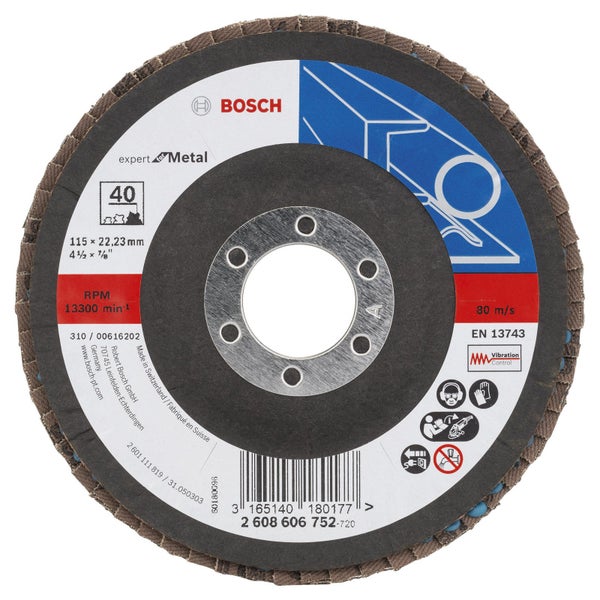 Bosch Fächerschleifscheibe Expert for Metal 115 22,23 40 gewinkelt Glasgewebet. - 2608606752