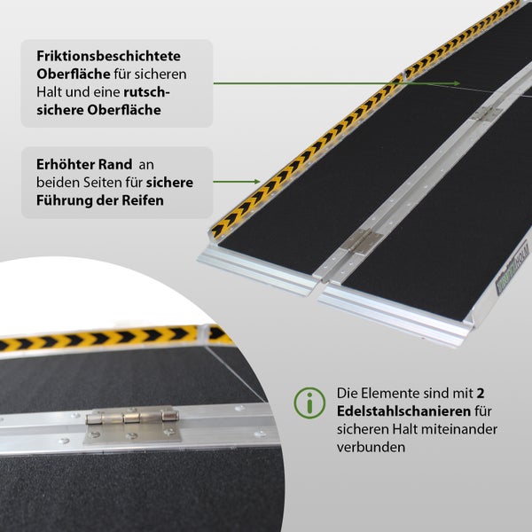 Detailansicht einer Trittstufe mit rutschfester Oberfläche und erhöhten Seitenrändern zur sicheren Reifenführung