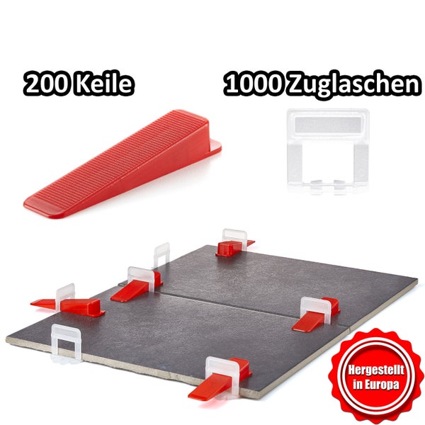 Fliesenverlegesystem mit Zange, Keilen und Laschen für gleichmäßige Fugen