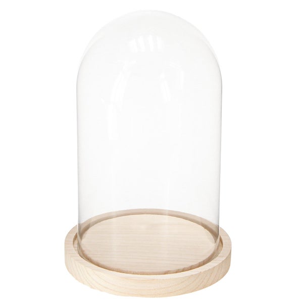 Transparente Glaskuppel mit einem runden Sockel aus hellem Holz für Dekorationen.