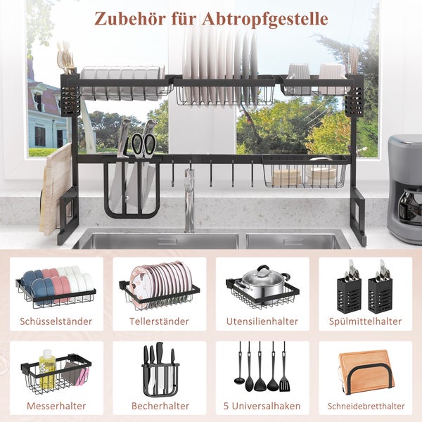 HOMCOM Abtropfgestell Geschirr, 2-stufiges Abtropfständer mit Haken, Abtropfschale, Abtropfgitter Gestell für Küchenspüle, Stahl, Schwarz