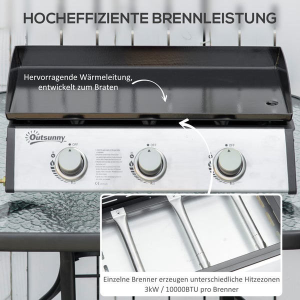 Outsunny Gasgrill 10000BTU/2,5 KW Gas-Grill inkl 3 Edelstahl-Brenner Druckminderer, Gasschlauch, BBQ Gartengrill für Balkon, Camping-Grill 63 x 48 x 21 cm