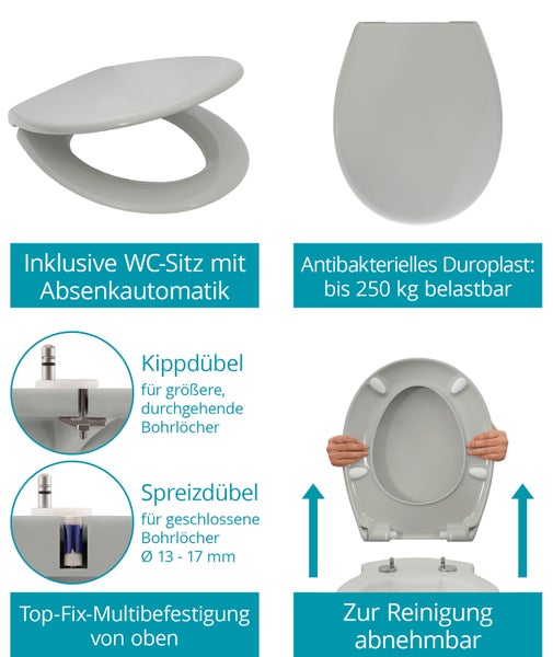 Calmwaters® Spülrandloses Wand WC im Set in Manhattan-Grau, Tiefspüler mit WC Sitz aus Urea-Duroplast mit Absenkautomatik, 99000191