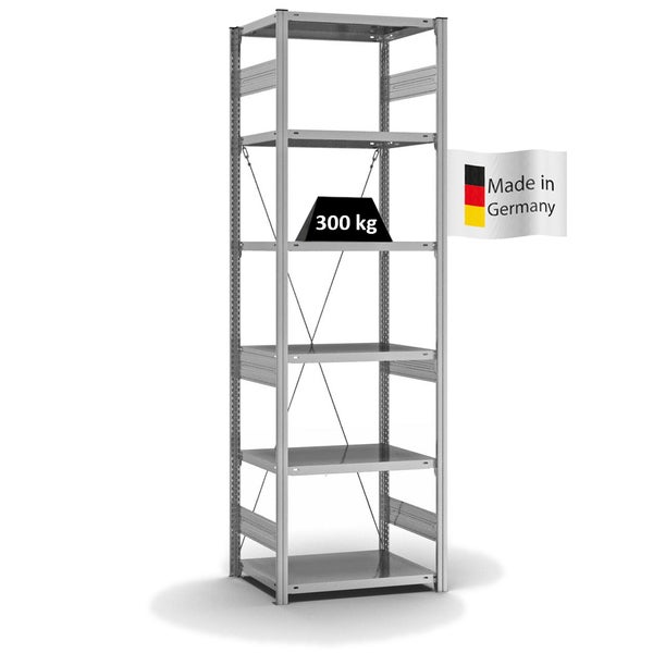 PROREGAL Fachbodenregal Stecksystem T-Profil Heavy-Duty Grundregal HxBxT 250 x 75 x 50 cm 6 Ebenen Fachlast 300 kg Einseitig Nutzbar Verzinkt