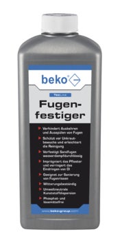 Beko Fugenfestiger Flasche zur Befestigung von Sandfugen, verhindert Unkraut und Ausspülen von Fugen bei Pflasterarbeiten.