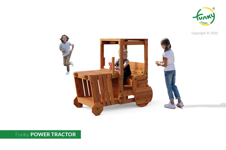 Spieltraktor aus Holz für Kinder von Funky Combo mit Lenkrad und Sitzbank, inklusive spielender Kinder.