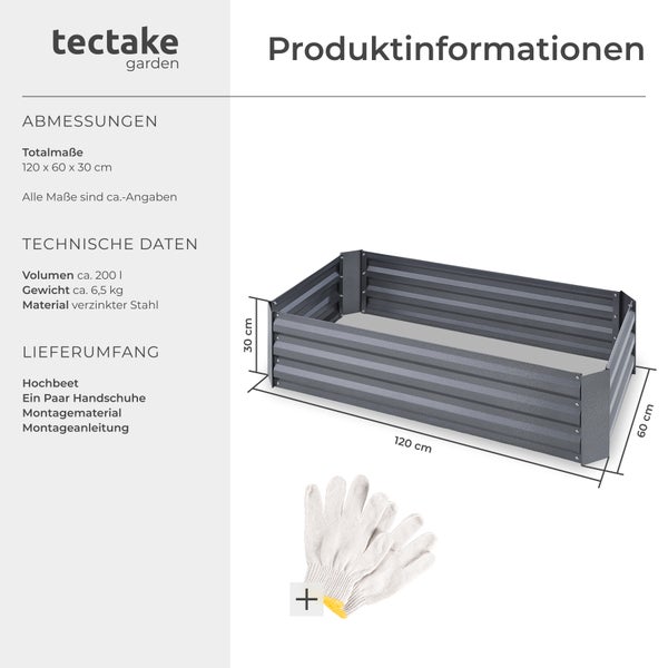 Produktinformationen zu einem Hochbeet aus verzinktem Stahl mit den Maßen 120 x 60 x 30 cm, inklusive Handschuhe