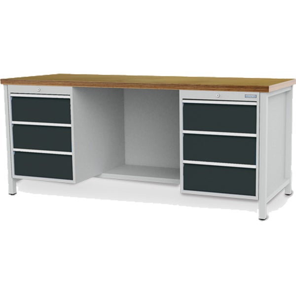 Werkbank mit Holzplatte, zwei Schubladenschränken mit je drei anthrazitfarbenen Schubladen und lichtgrauem Metallgestell.