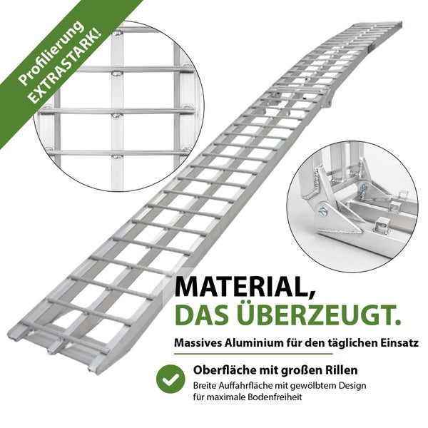 Auffahrrampe aus Aluminium mit Gitterstruktur und klappbarem Design für den Fahrzeugtransport.