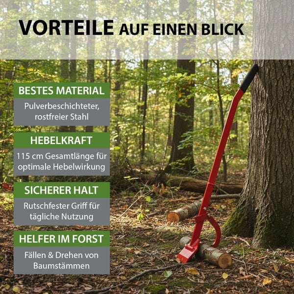 Forstwerkzeug zum Heben und Drehen von Baumstämmen aus pulverbeschichtetem, rostfreiem Stahl mit rutschfestem Griff.