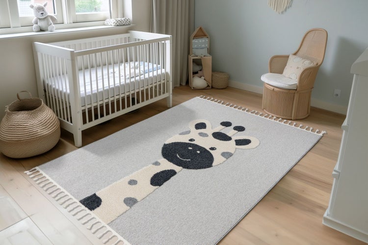 Kinderteppich mit Giraffenmotiv in einem hell eingerichteten Babyzimmer mit Gitterbett und Rattanstuhl.