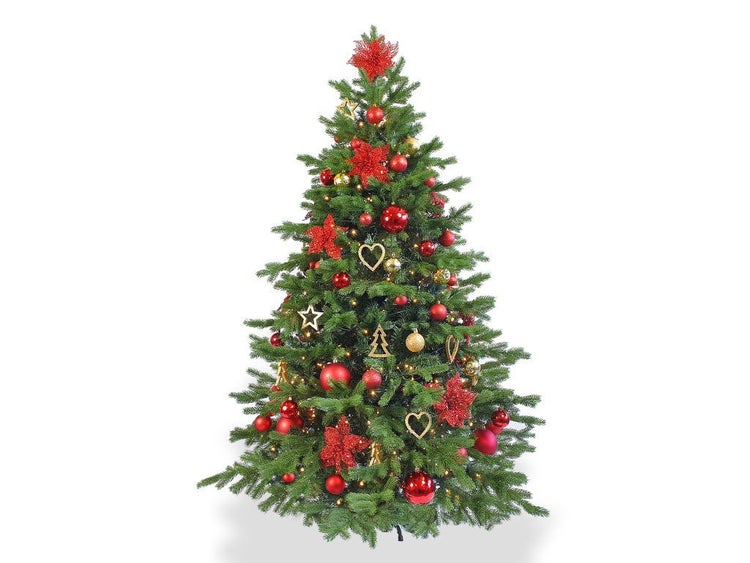 Geschmückter künstlicher Weihnachtsbaum mit Weihnachtsschmuck und integrierter Beleuchtung.