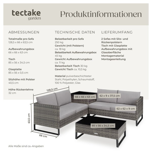 Produktinformationen für ein tectake garden Gartenlounge-Set mit zwei Sofas, Tisch und Aufbewahrungsbox inklusive technischer Daten und Abmessungen.