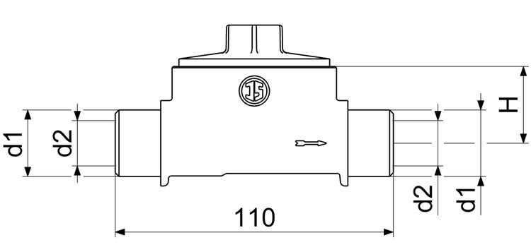 Maßzeichnung einer Armatur mit den Maßen d1, d2, Höhe H und Baulänge 110 Millimeter sowie einem Pfeil für die Durchflussrichtung.