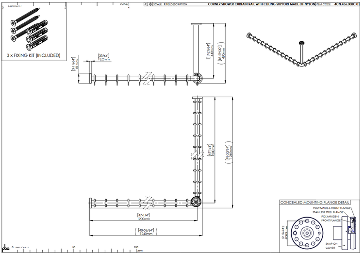 Technische Zeichnung einer Eck-Duschvorhangstange aus Nylon mit Deckenstütze, inklusive Befestigungsset und Maßangaben.