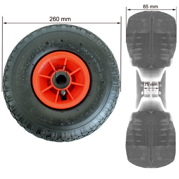 Schubkarrenrad mit den Maßen 260 mm, 85 mm und 20 mm.