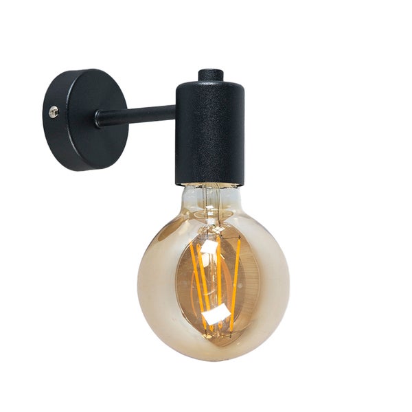 Schwarze Wandleuchte im industriellen Design mit runder Wandhalterung und runder Filament-Glühbirne.