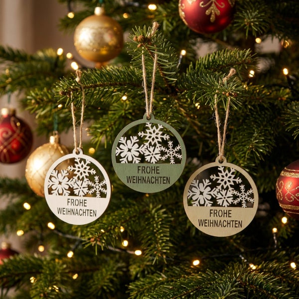 Drei runde Weihnachtsbaumanhänger aus Holz mit Schneeflockenmotiv und Frohe Weihnachten Schriftzug hängen an einem Weihnachtsbaum