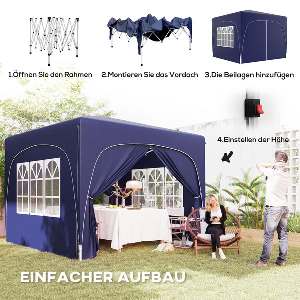 Outsunny Pavillon 3x3m, wasserabweisend Stabil Winterfest Pop-up Faltpavillon, UV Schutz 50+, Faltbar Partyzelt Gartenzelt mit 4 Seitenteilen Tasche Gartenpavillon für Camping Garten, Dunkelblau