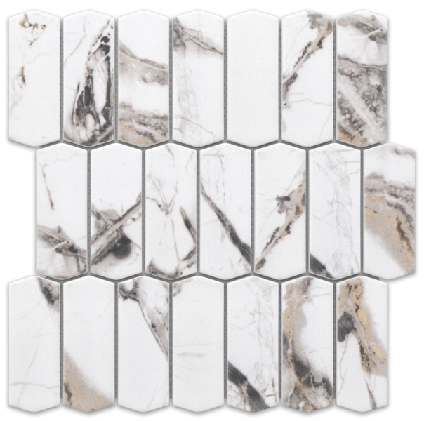 Mosaikfliese in Picket-Form mit Marmor-Optik und Äderung.