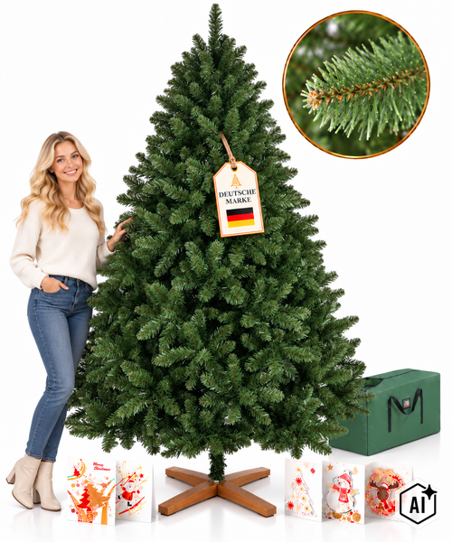 Künstlicher Weihnachtsbaum mit einer Frau, einem Holzständer, einer Tragetasche und einer Detailaufnahme der Nadeln sowie deutsche Markenqualität.