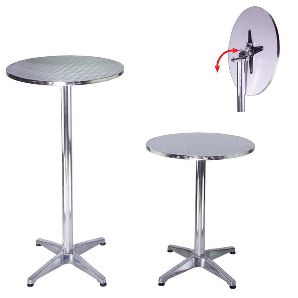 Runder Stehtisch aus Metall mit klappbarer Tischplatte in aufrechter und umgeklappter Position.
