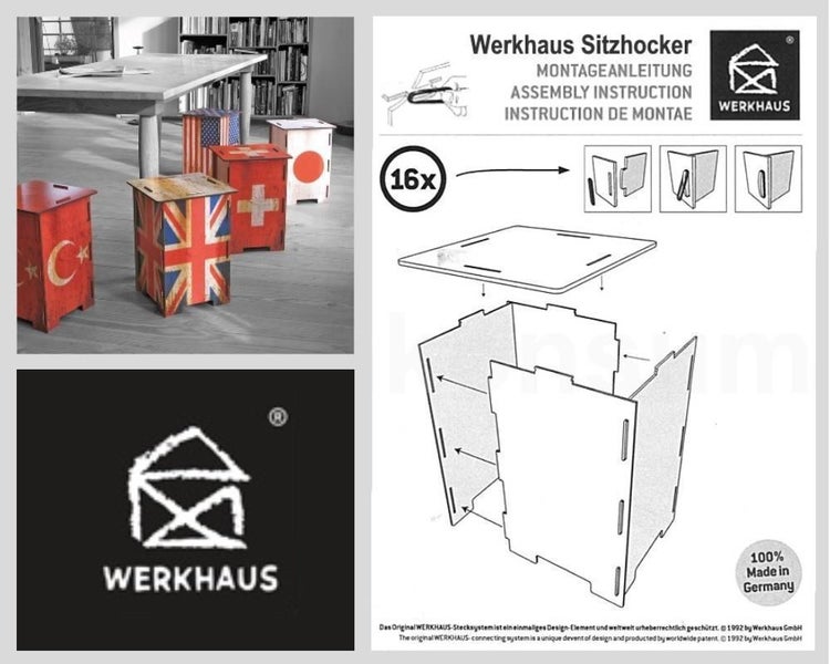 Montageanleitung und Produktbilder der Werkhaus Sitzhocker mit Stecksystem und Flaggenmotiven inklusive Werkhaus Logo