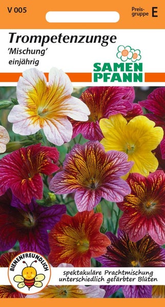 Samenpackung Trompetenzunge Mischung einjährig mit Bienenfreundlich Siegel und Samen Pfann Logo