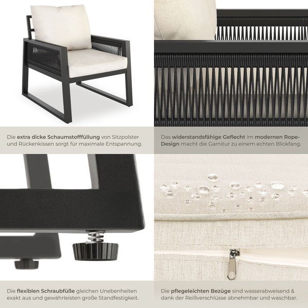 Garten-Loungesessel mit dicken Polstern, modernem Seilgeflecht, verstellbaren Schraubfüßen und wasserabweisendem Bezug mit Reißverschluss.