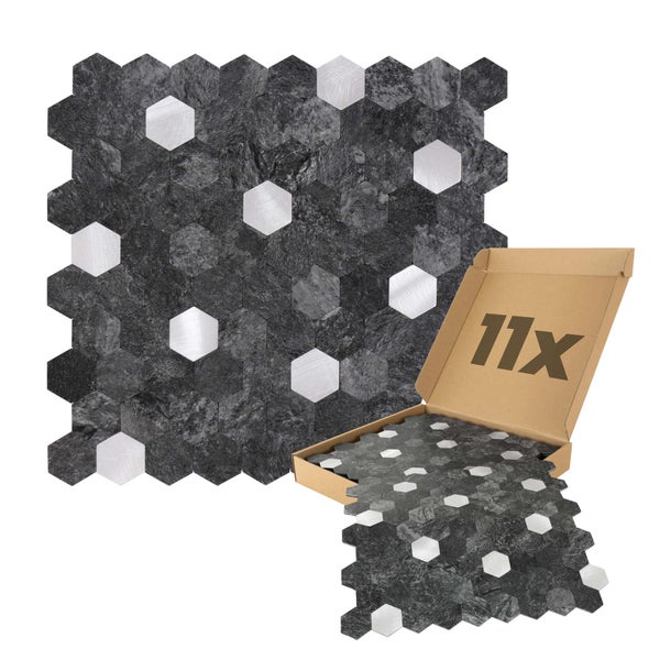 Mosaikfliesen in Hexagon-Form mit Stein- und Metall-Optik, Set mit 11 Stück im Karton.