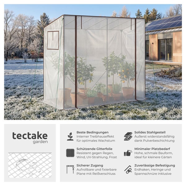Foliengewächshaus mit Stahlgestell und Gitterfolie im winterlichen Garten, Details zu Produkteigenschaften und tectake Logo.