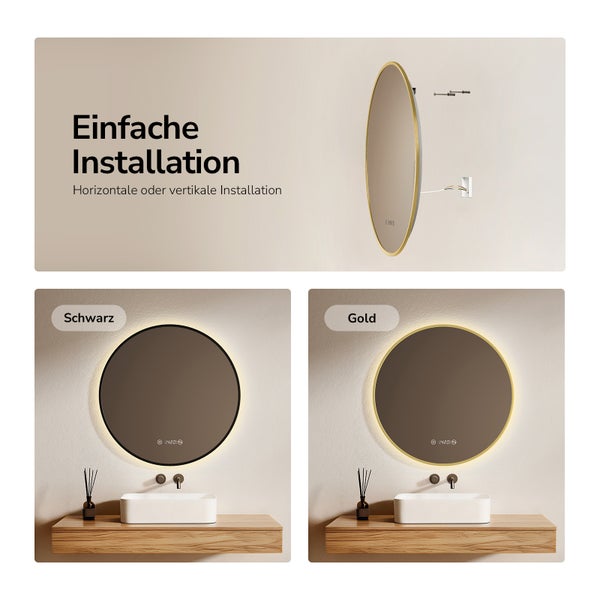 LED-Badezimmerspiegel in Schwarz und Gold mit einfacher Wandmontage, integrierter Digitalanzeige und Hintergrundbeleuchtung über einem Waschtisch.