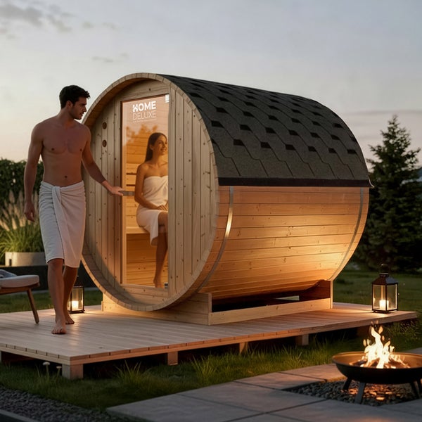 Eine runde Fasssauna aus Holz von Home Deluxe auf einer Terrasse im Garten mit einem Paar vor der Sauna und einer Feuerschale.