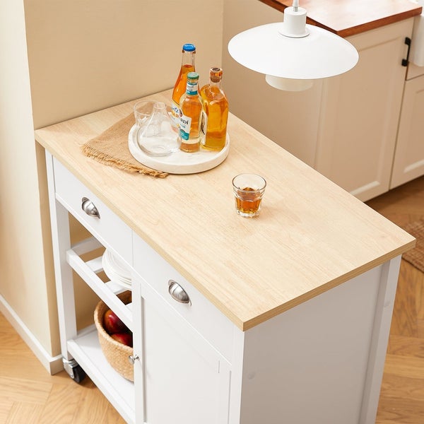 Küchenwagen mit Holzplatte, Getränken und Glas