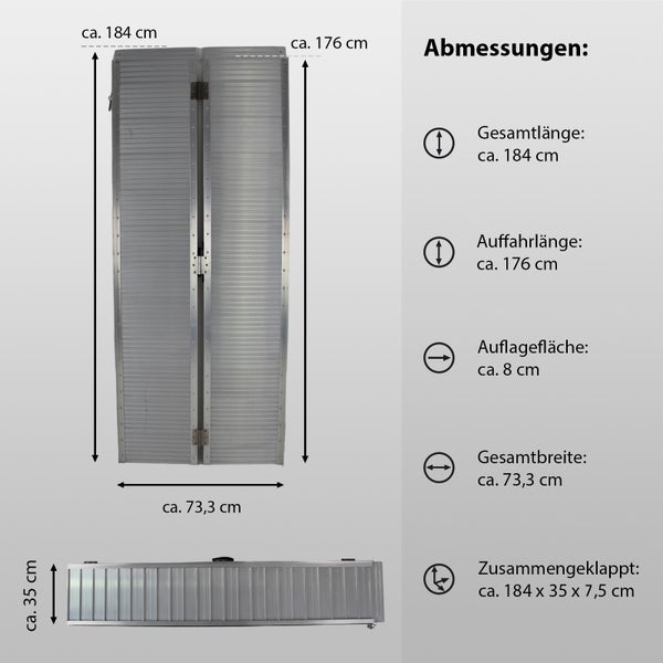 Detaillierte Abmessungen der klappbaren Aluminium-Rampe: Gesamtlänge circa 184 Zentimeter, Breite circa 73,3 Zentimeter.