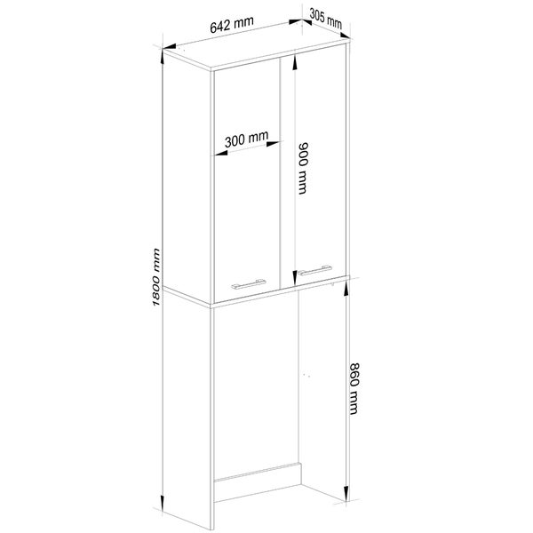 Abbildung der Maße eines Hochschranks mit zwei Türen, Gesamtgröße 1800 Millimeter Höhe, 642 Millimeter Breite und 305 Millimeter Tiefe.
