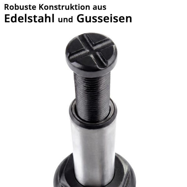 Nahaufnahme einer robusten Konstruktion aus Edelstahl und Gusseisen mit Gewindebolzen und Kreuzschlitz.