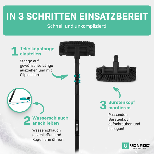 VONROC Teleskop Waschbürste mit Teleskopstiel 1,8m - Ausziehbar Teleskopstangen Reinigung für Fenster, Auto, Solaranlage - inkl. Bürste, Schlauch, Seifenspender