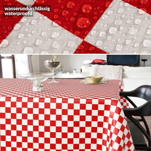Wasserabweisende Tischdecke mit rot-weißem Karomuster auf einem Tisch in einem hellen Wohnraum.