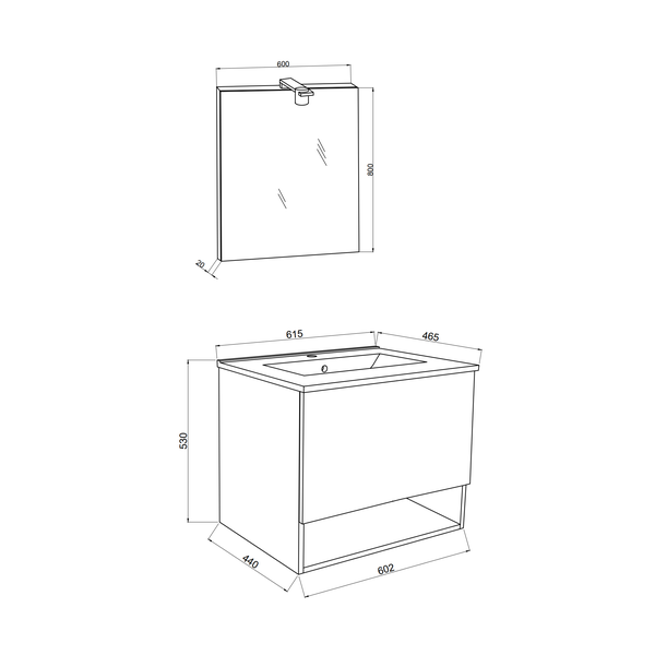 Technische Zeichnung eines Waschtischunterschranks mit Spiegel und Beleuchtung mit Maßangaben