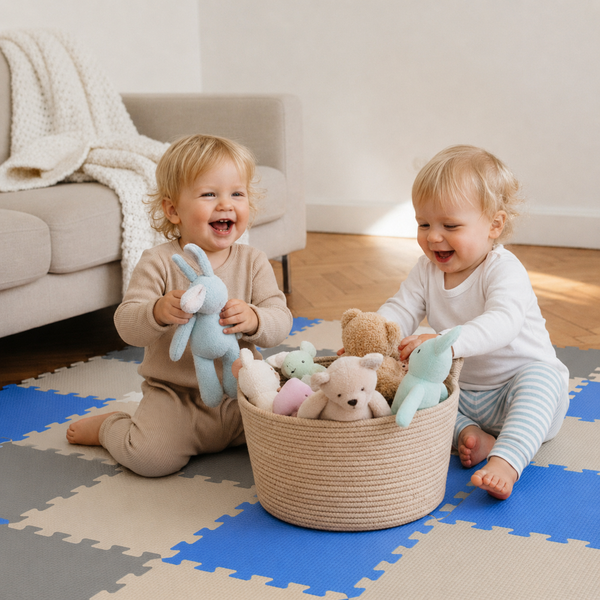 Zwei Kleinkinder sitzen auf einer Spielmatte aus Schaumstoffpuzzles und spielen mit Plüschtieren in einem geflochtenen Korb im Wohnzimmer.