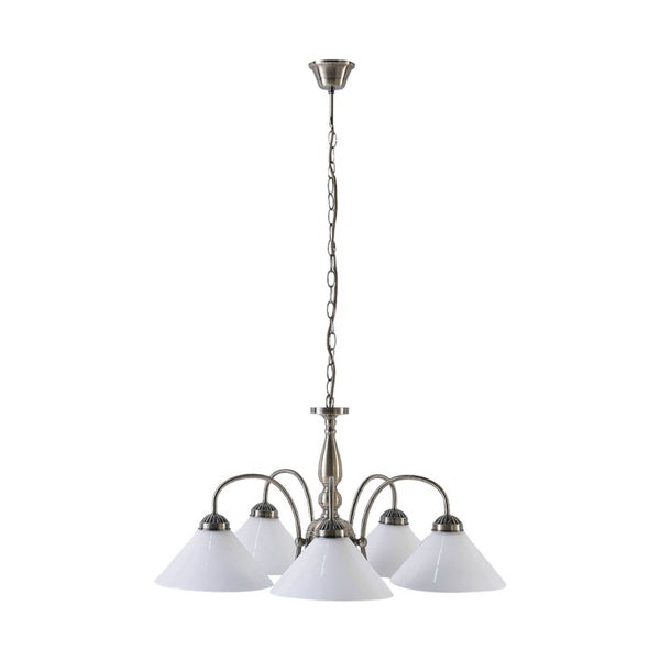 Deckenleuchte mit fünf Lampen und weißen Lampenschirmen
