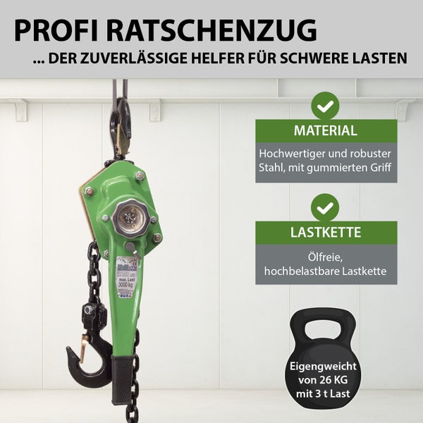 Profi Ratschenzug aus Stahl mit Lastkette für schwere Lasten bis 3000 Kilogramm.
