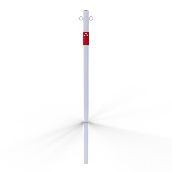 Schake Absperrpfosten aus Stahlrohr verzinkt Ø42x2,5mm weiß mit rot reflektierenden Leuchtstreifen und Kunststoffkappe 900mm Überflur zum Einbetonieren mit 2 Ösen