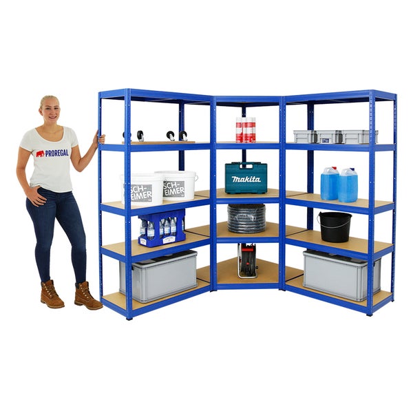 PROREGAL Mega Deal 1x Eckregal & 2x Schwerlastregal Slim Elephant S Fachlast 250 & 350 kg Blau