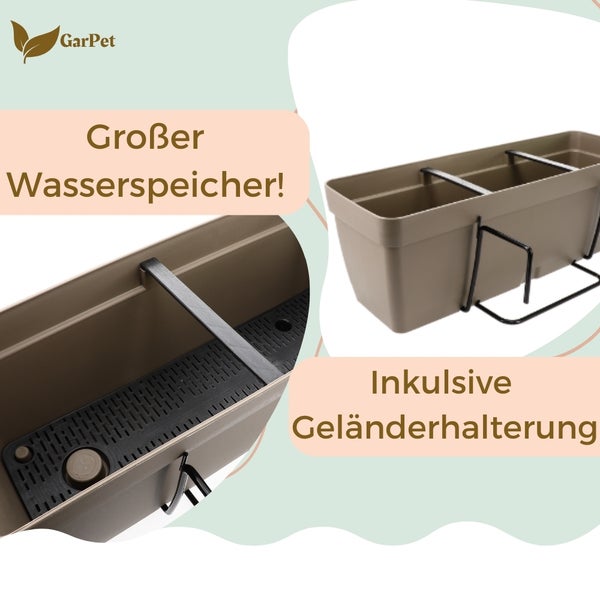 GarPet Balkonkasten mit großem Wasserspeicher und inklusive Geländerhalterung