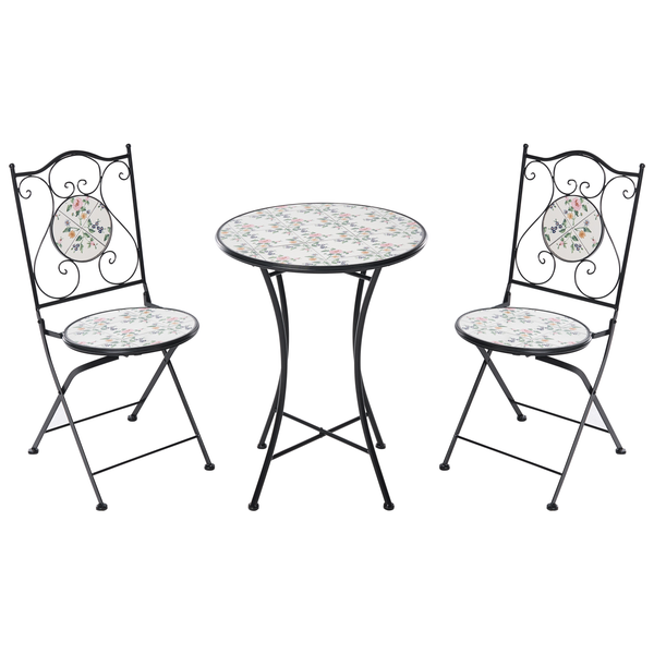Bistro-Set aus Metall mit rundem Tisch und zwei klappbaren Stühlen, verziert mit floralem Mosaik-Muster.
