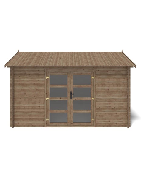 Gartenhaus aus Holz mit Doppeltür und großen Glaseinsätzen, klassisches Blockbohlenhaus für den Garten.